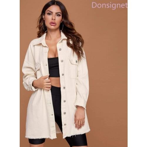 Donsinet Denim Coats Spring/Autumn Womens Long-sleeved Denim Solid Color Single Breasted Long Jean Jacket Women Denim Jackets