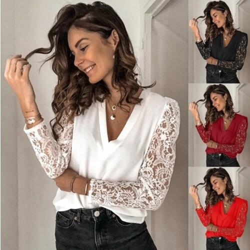Autumn Women T-Shirts Lace Patchwork Hollow Out See Through V Neck Long Sleeve Solid Pullover Top Sexy Slim Femme Tees Plus Size