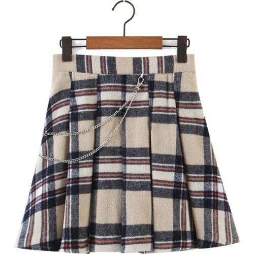 Autumn And Winter 2020 New Chain High Waist Slimming A-Line Plaid Pleated College Wind Woolen Bust Skirt Women
