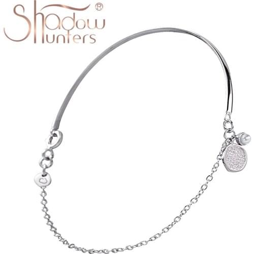 SHADOWHUNTERS Pure 925 Sterling Silver Half Bangle and Chain Bracelet With Pearl and Lotus Flower Charm For Women Chic Jewelry