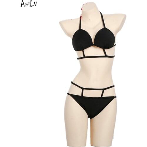 AniLV Women Black Strap Bikini Swimsuit Costume Summer Beach Girl Swimwear Uniform Pool Party Cosplay