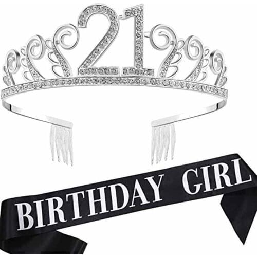 Princess Tiara Crown sash 18th 21st 30th 40th 50th 16 18 21 30 40 50 years old happy Birthday girl party decoration gift favor