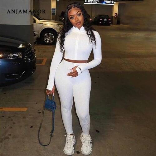 ANJAMANOR Sexy Sporty Two Piece Set Lucky Label Letter Embroidery Ribbed Knit Tracksuit Fall Winter Clothes for Women D74-DC36