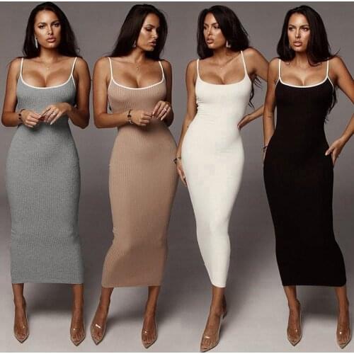 Toplook Elegant Pure Knitting Dresss Long Women Sexy Autumn Spaghetti Strap High Waist Dress Club Party Night Clothes