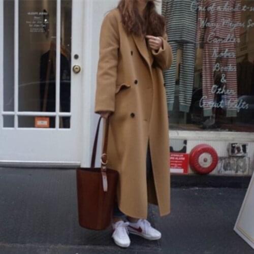 Wool Jacket Vintage Outerwear Korea Women Autumn Winter Double Breasted Long Wool Coat Female Long Sleeve Overcoat Parka