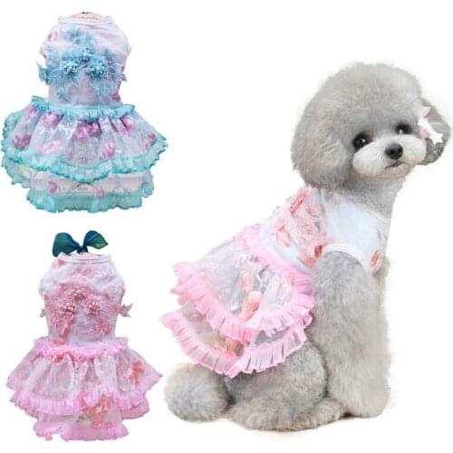 2pcs Pet Dogs Lace Tutu Dog Dress Summer Short Sleeve Sweetly Princess Dress Teddy Wedding Dresses Party Clothes Dog Costume