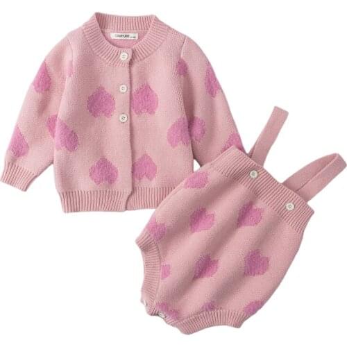 Baby Girl Sets New Autumn Infant Baby Girls Knit Long Sleeve Love Coat+Braces Rompers Clothing Sets Kids Girl Suit Clothes 0-3Y