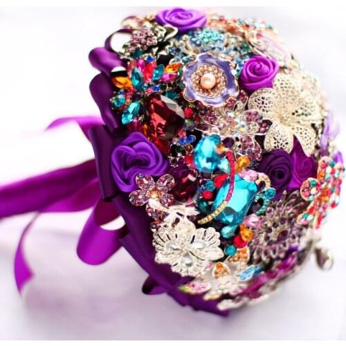 Elegant purple brooch bouquet Bridal Bride Bridesmaid Bouquets handmade crystal diamond Holding Flowers Wedding supplies