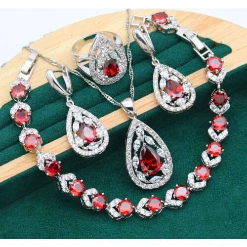 Classic Red Zircon 925 Sterling Silver Jewelry Set for Women Bracelet Earrings Necklace Pendant Ring Birthday Gift 4PCS