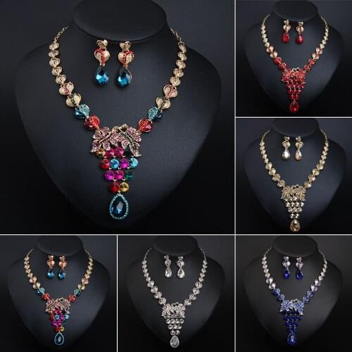 Crystal Jewelry Set Bridal Wedding Party Water Drop Pendant Necklace Earring Fashion Women Rhinestone Statement Choker Collar
