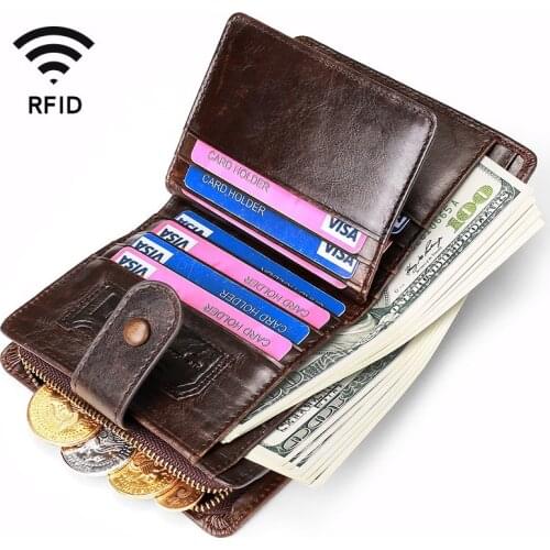 New wallet RFID Crazy Horse genuine Leather Mens Wallet Leather Casual Zipper Buckle Coin Wallet card holder coin bag