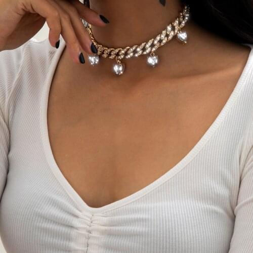 Exaggerated fashion simple jewelry with tassel single layer Cuban chain heart-shaped rhinestone necklace for female gifts