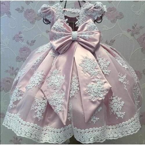 Cute Pink Infant Baby Girls Clothes First Birthday Gown for Girls with big Bow Long Infant Girls Dresses for Party Size 12-24M