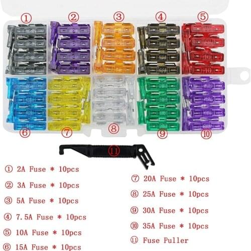 100Pcs Car Motorcycle Blade Fuse Kit 2A 3A 5A 7.5A 10A 15A 20A 25A 30A 35A With FUSE PULLER Fuse Dimensions 19x5x18.5mm