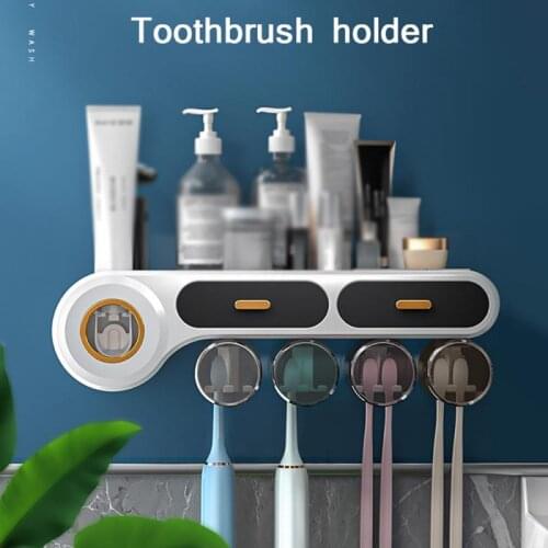 2/3/4 Cups Wall Mounted Toothbrush Holder Automatic Toothpaste Squeezer Bathroom Accessories Toothpaste Rack Cup Rack Organizer