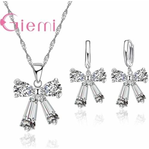 Women Fine Romantic Bowknot 925 Sterling Silver Jewelry Sets Necklace Earrings Set For Women Wedding Party Accessories