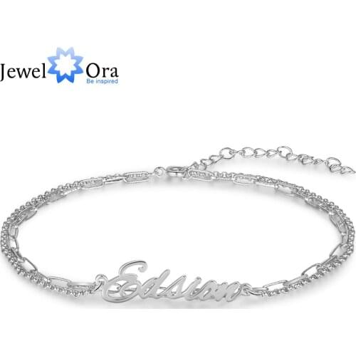 JewelOra Personalized Nameplate Bracelets & Bangles for Women Custom Any Name Double Link Chain Bracelets Mothers Gift Jewelry