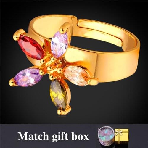 Luxury Crystal Ring Cubic Zirconia Colorful Flower Jewelry With Gift Box Yellow Gold Color Wedding Ring Women R252