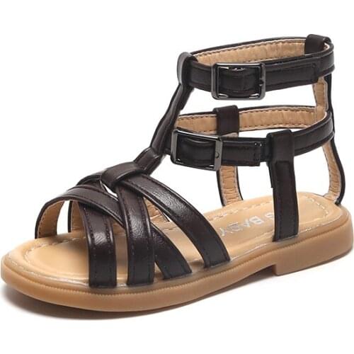 Childrens Hook&loop Leather Beach Shoes For Girls Summer Latest Fashion Mid-Calf Children Open Toe Soft Sole Gladiator Sandals