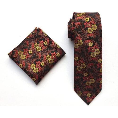 Wedding Party Mens Necktie Set Coffee Brown Floral Ties Sets with Pocket Square
