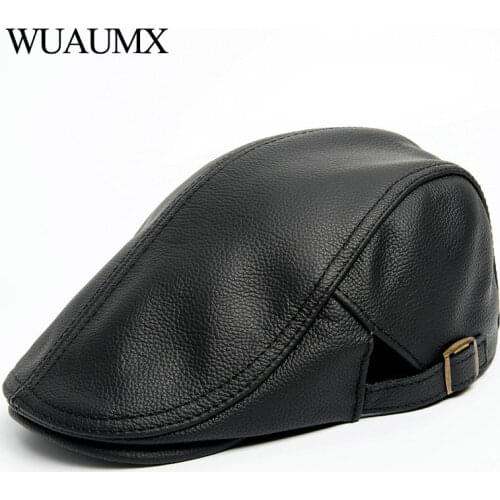 Wuaumx High Quality Genuine Leather Berets For Men Peaked Cap Spring Autumn Cowskin Leather Berets Hat Duckbill Hat For Male