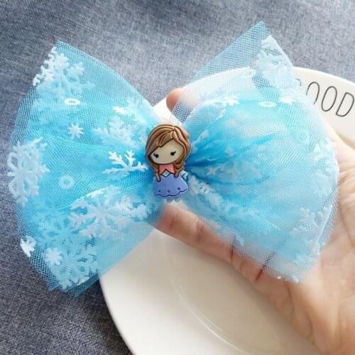 Sweet Sky Blue Snowflakes Kids Hair Bows Clips Mesh Embroidery Cartoon Hairpin Christams Party Headwear Cosplay Hair Accessories