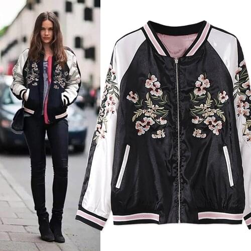 Embroidery flower Pilots vintage Oriental Flower Phoenix Bird Short Jacket Women Contrast Bomber Jacket pink Reversible Coat