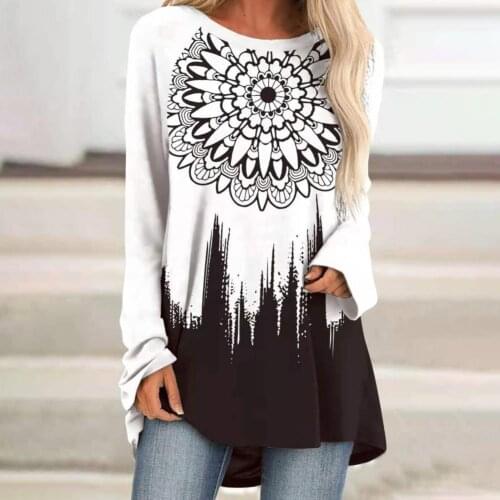Comfy Trendy Flower Print Loose Women Top Autumn Casual Blouse Round Neck for Daily Wear