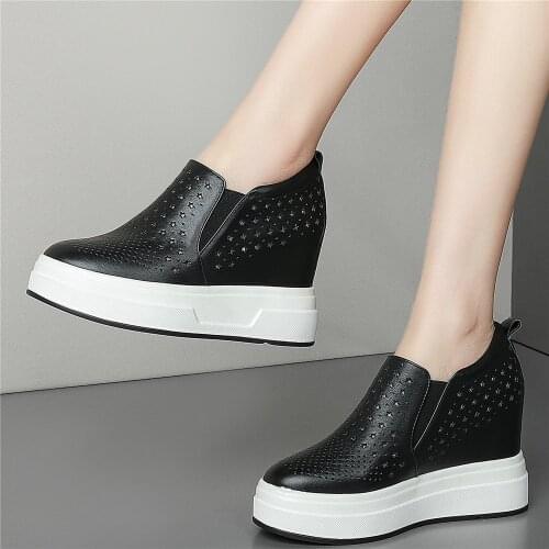 10cm High Heel Summer Creepers Women Hollow Genuine Leather Wedges Ankle Boots Female Round Toe Fashion Sneakers Casual Shoes