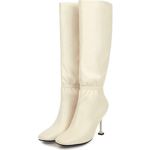 Fashion Pleated Women Knee High Boots Ladies Slip On Thin High Heel Long Boots Autumn Winter Pointed Toe Shoes Woman Big Size 43
