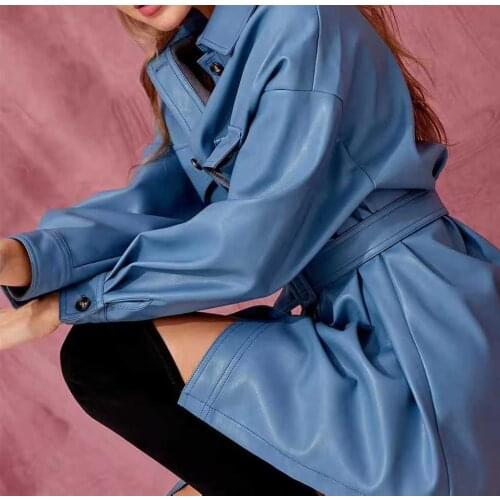 2020 New Arrival Autumn New Leather Jacket Wear Mid-length Lapel Shirt Pu Womens Clothing Long High Street Turn-down Collar