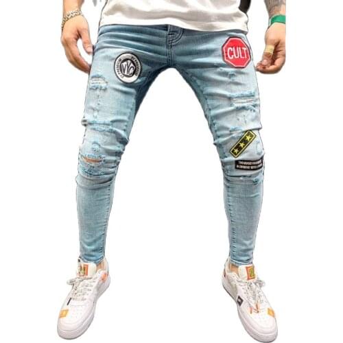 2021Jeans autumn new European code Mens embroidery hole torn fashion jeans casual Slim blue black hip hop large size jeans