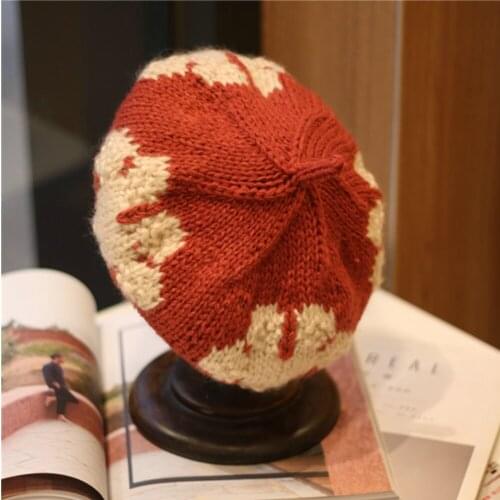 Women beret hat handmade knitted woolen hat autumn winter warmth stitching gradient color retro painter cap fashion