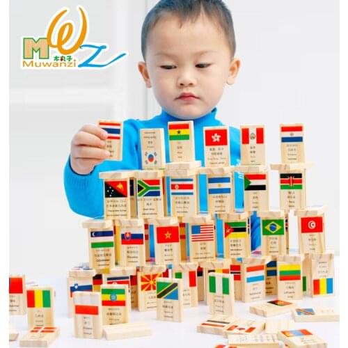 Wooden childrens educational toys, national flags and world dominoes, early childhood cognitive toys M39