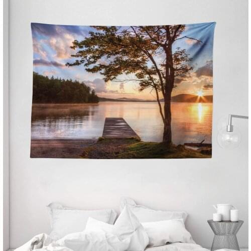 Seascape Tapestry Shore Of Seventh Lake Tree Sunbeam At Sunset Water Reflection Wall Hanging For Bedroom Living Room Dorm