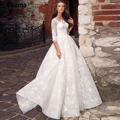 Booma Full Lace Wedding Dresses Beach Boho Bridal Gown Plus Size Half Sleeve O-nek illusion Wedding Gown Custom Made Vintage