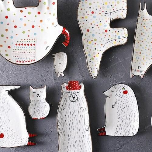 1pcs Cute Cartoon Shape Dinner Plate Tableware Black Edge Ceramic Bowl Fruit Dessert Plate Creative Ceramic Animal Tableware