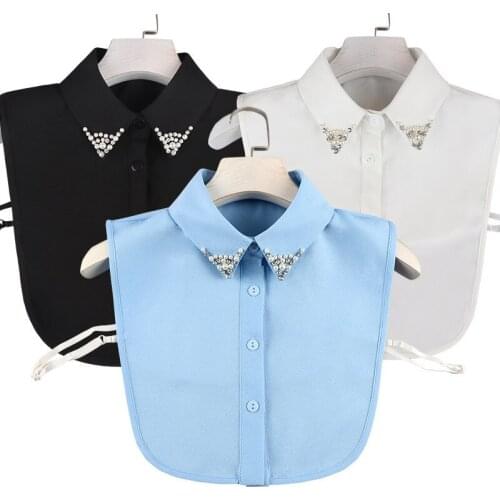 Linbaiway Ladies Fake Collar for Women Chiffon Fake Collar Rhinestone False Collar Lapel Detachable Button Half-Shirt Blouse Top