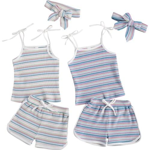 New Kids Clothing Set Stripe Sleeveless Camisole and Shorts and Headwear Three-piece Suit for Photography Birthday Party