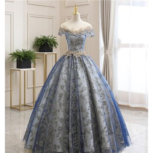 Popodion Evening Dress for Stage Performance Formal Dresses Beaded Lace Gray Blue Formal Dress ROM80242