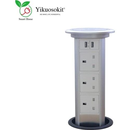 High Quality UK Socket USB Port Silver Motorized Lift Tabletop Smart Retractable Power Socket Electrical Pop Up Outlets CE Rohs