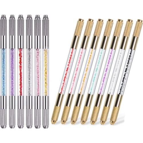 Stainless Steel Microblading Pen Double Heads Crystal Acrylic Tattoo Manual Pen 3D Tebori Microblading Pen with Rhinestone