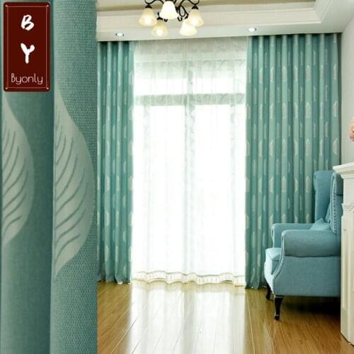 European Style Curtains for Living Dining Room Bedroom New Blue-leaf Korean Fresh White Leaf Combination Linen Jacquard Curtains