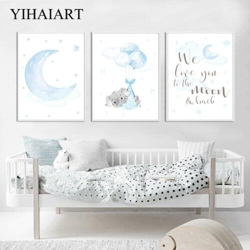 Elephant Moon Balloon Canvas Poster Nursery Wall Art Painting Blue Cartoon Animal Print Nordic Kids Picture Baby Bedroom Decor 8