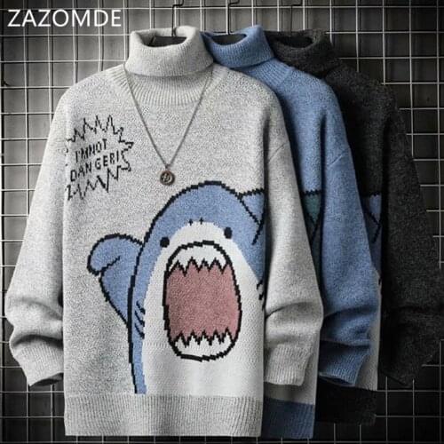 ZAZOMDE Cartoon Shark Knitted Sweater Harajuku Turtleneck Sweater Oversized Knit Pullovers Male Korean Fashion Couple Sweaters