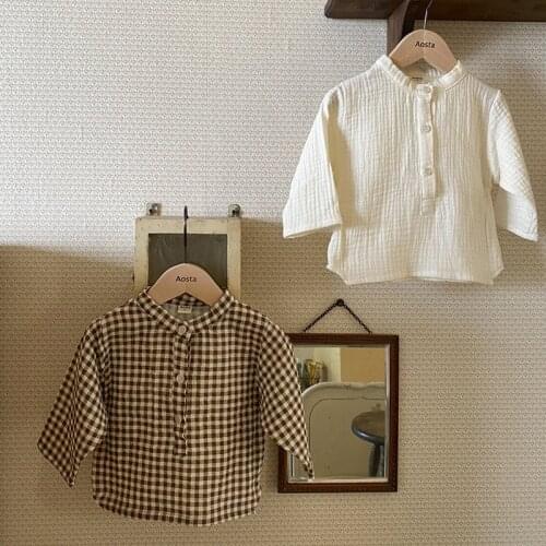 2021 New Baby Girl Solid Color Shirts Autumn Kids Boys Long Sleeve Plaid Shirts Cotton Children Casual Tops 9M-3T