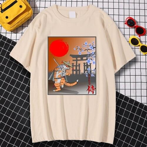 Japan Ukiyo E Style Orange Cat Print Tshirts Man Vintage All-Match Streetwear Casual Style Top Aesthetic Quality Men T-Shirt