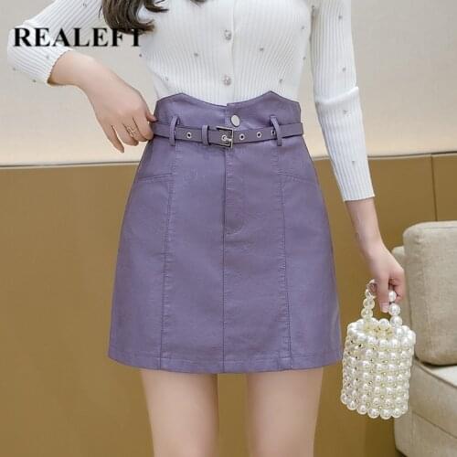 REALEFT Autumn Winter Purple Womens PU Leather A-Line Skirts with Belt New 2020 Sexy Mini Skirts High Waist Wrap Short Skirts