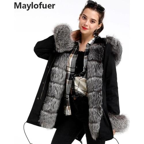 Maylofuer Hooded Real Silver Fox Fur Parka Detachable Rex Rabbit Fur Liner Coat Women Jacket with Fox Fur Cuffs on Sleeves