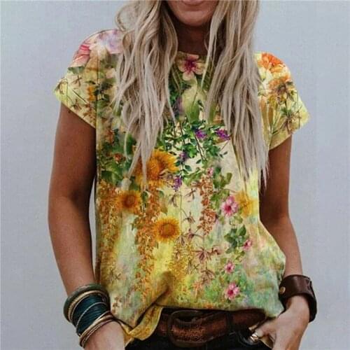 Women Fashion T Shirts Turtleneck Round Neck Abstract Picture Print Street Tops Vintage Short-Sleeved Multicolor Loose T-Shirts